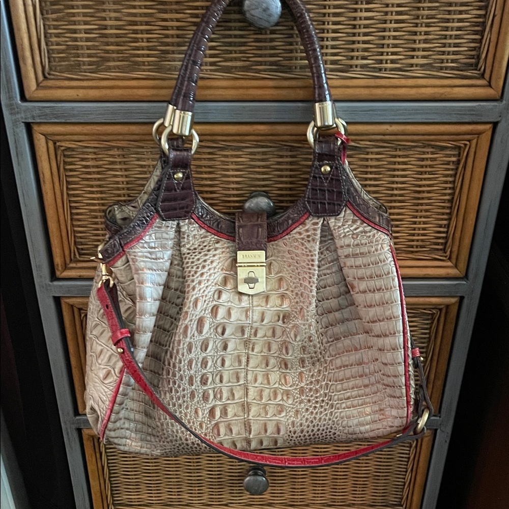 Brahmin Cream and Brown Crocodile Embossed Shoulder Bag
